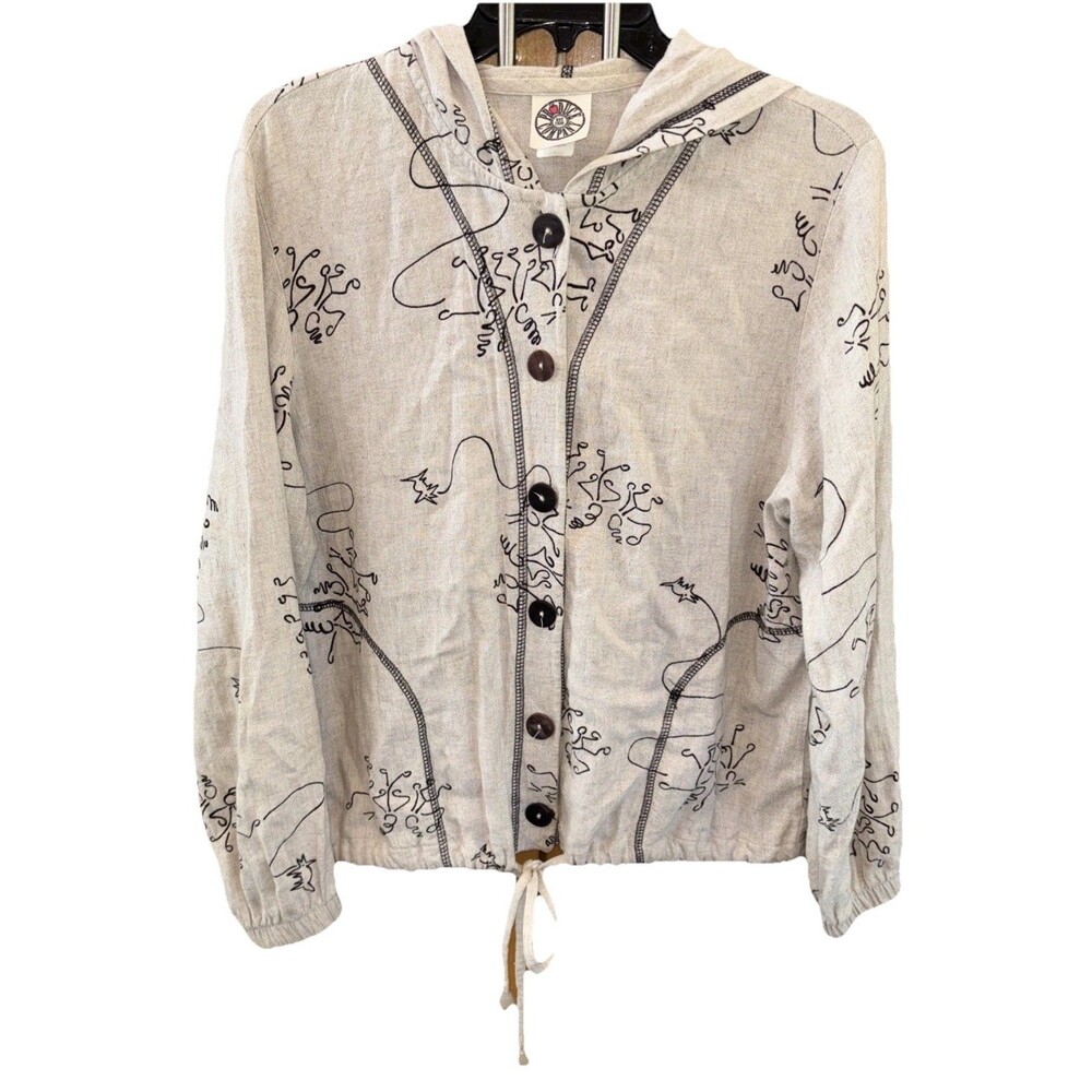 Produce Company Women Hooded Jacket People Dog Doodle Print Ivory L Button - Picture 1 of 10